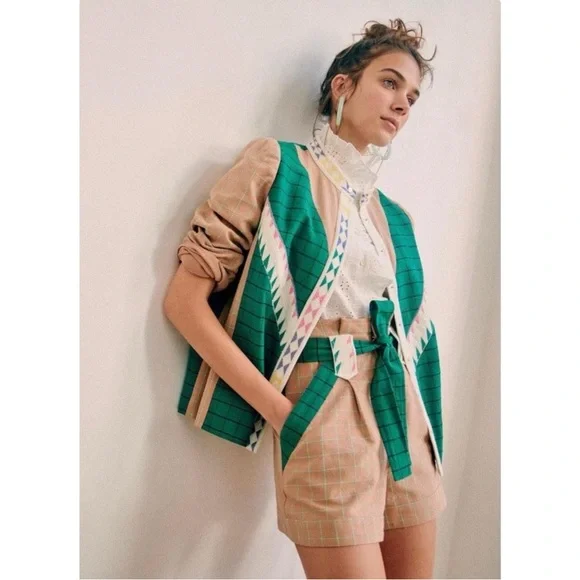 SÉZANE Arthus Brown White Green Plaid Belted High Rise Embroidered Cotton Shorts - Picture 4 of 11